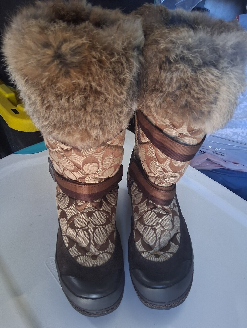 Coach Tan & Brown Logo Faux-Fur Winter Boots